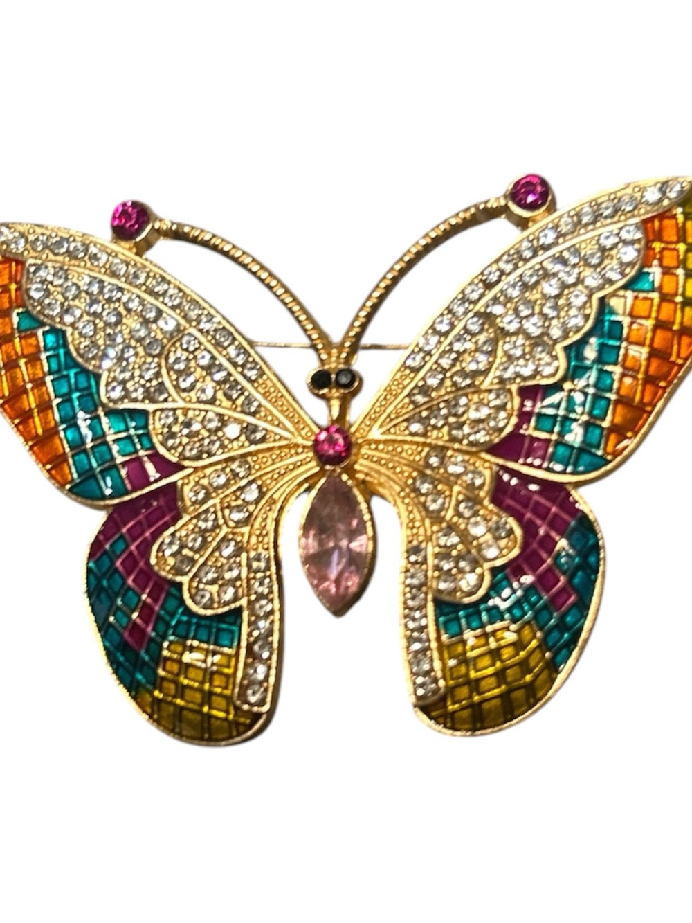 Gold-Tone Multicolor Butterfly Brooch with Pink Crystal Center